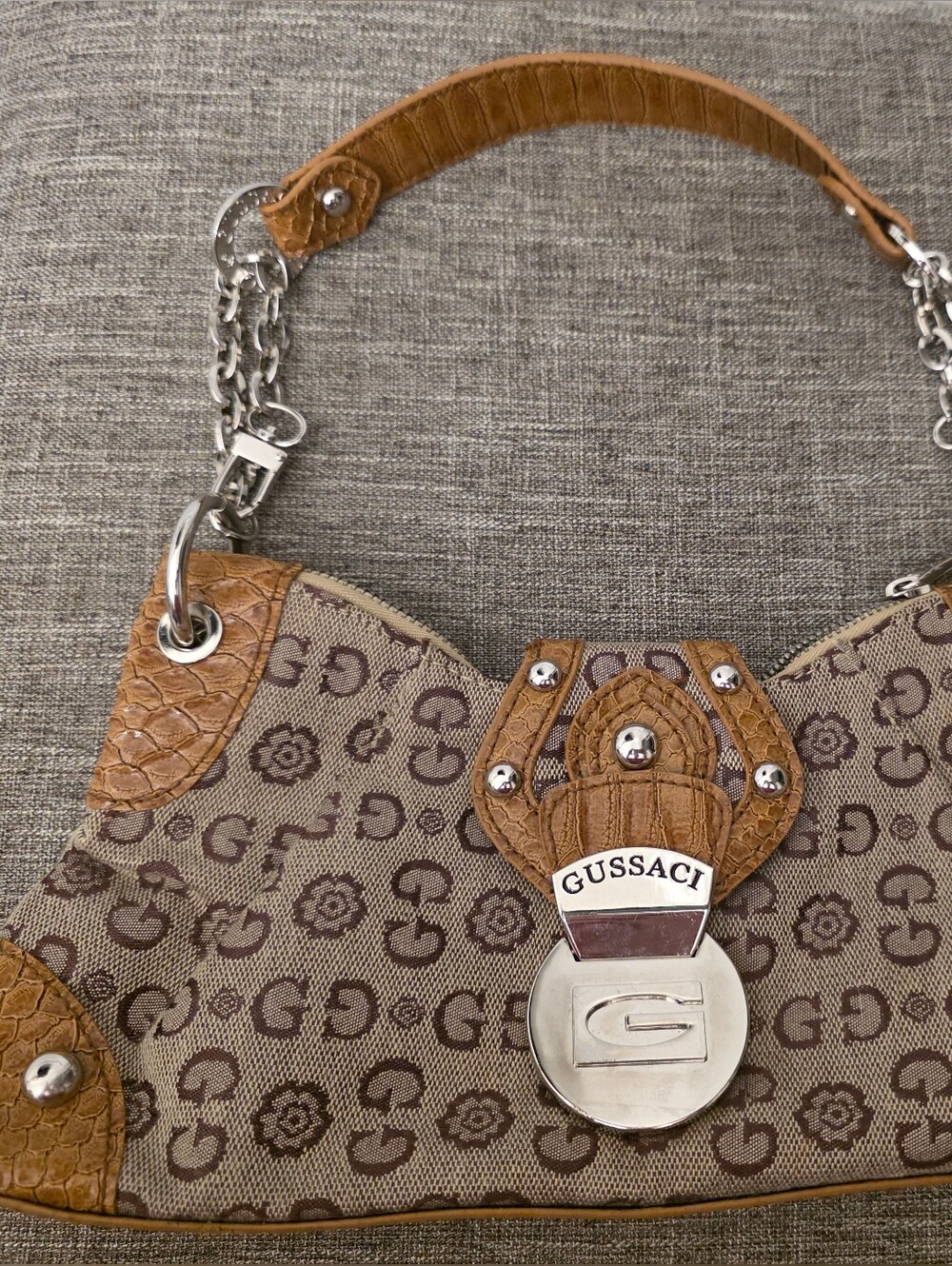 Y2k Vintage Gussaci Brown Monogram Mini Bag Faux Python Trim